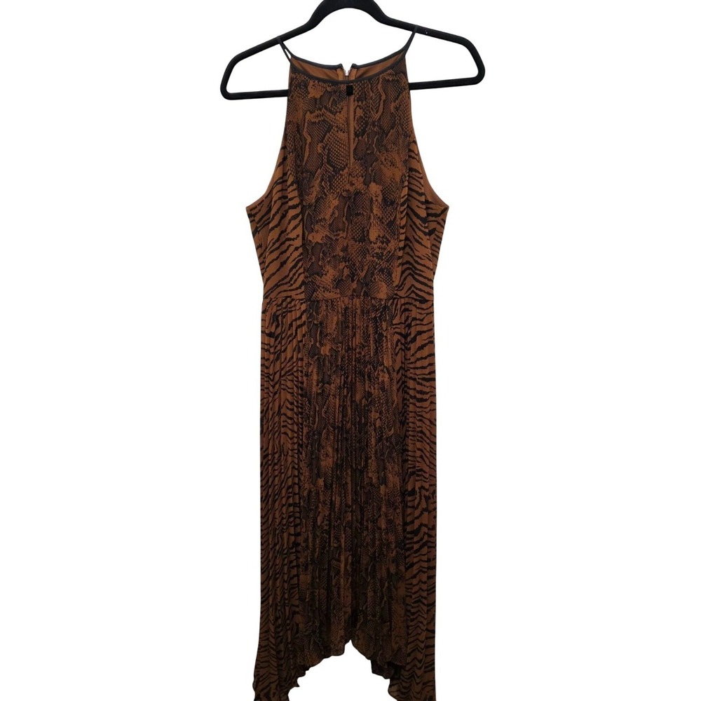 White House Black Market Brown Animal Print High Neck Sleeveless Midi Dress Plea